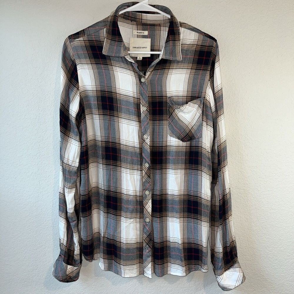 Thread & Supply Large Relaxed Fit Large Plaid Button Up Top Western Boho